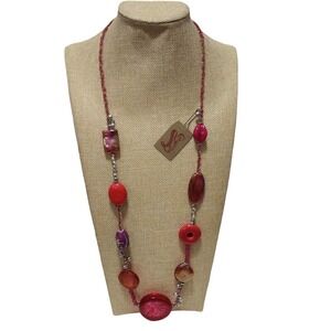 Treska Funky Red Pink Purple Chunky Beaded Boho Long Statement Necklace NWT